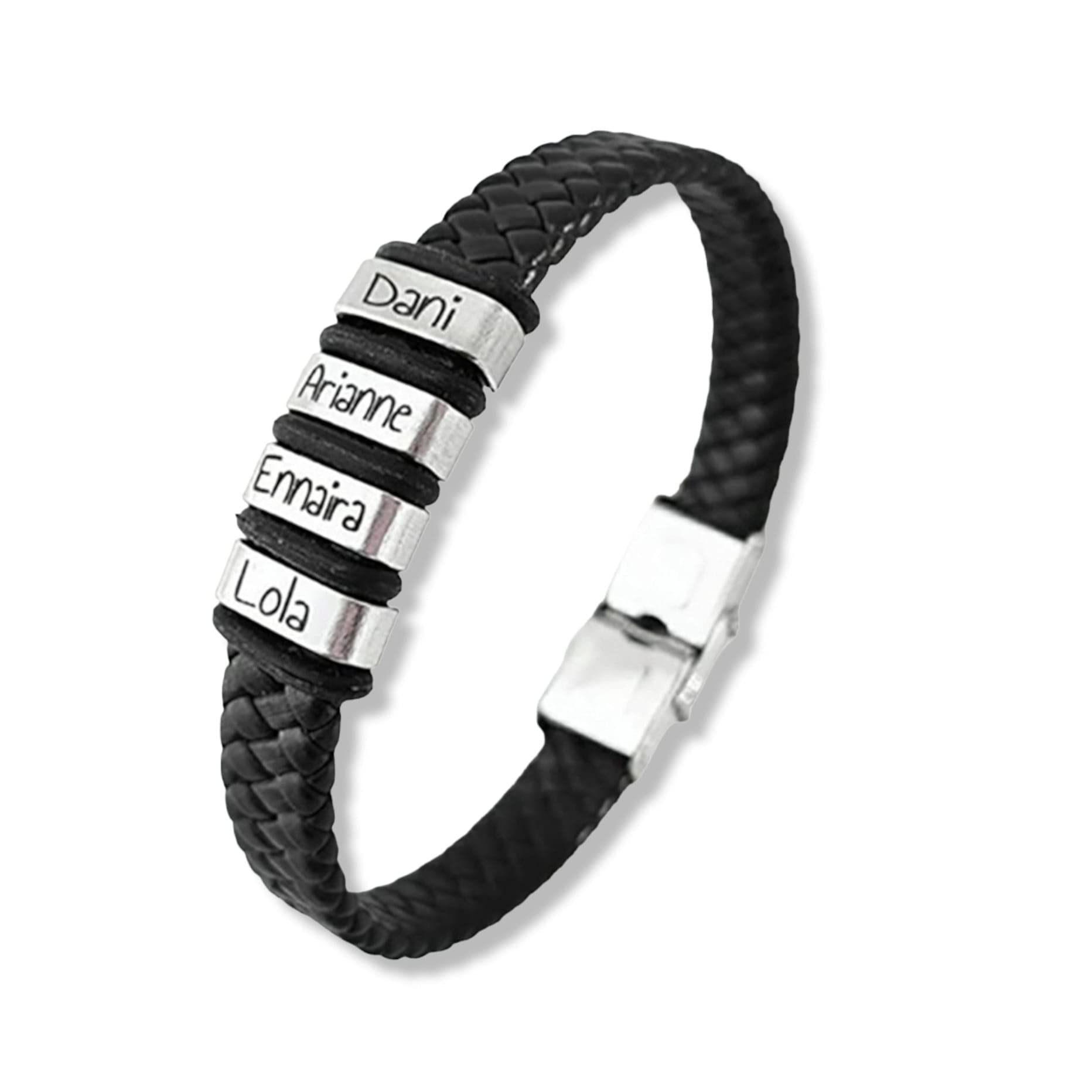 D.CORAZÓN ARTESANÍA HECHO A MANO Pulsera con nombres personalizada, MODELO TALY para todas las tallas, ajustable, acero inoxidable. (22, Negro)