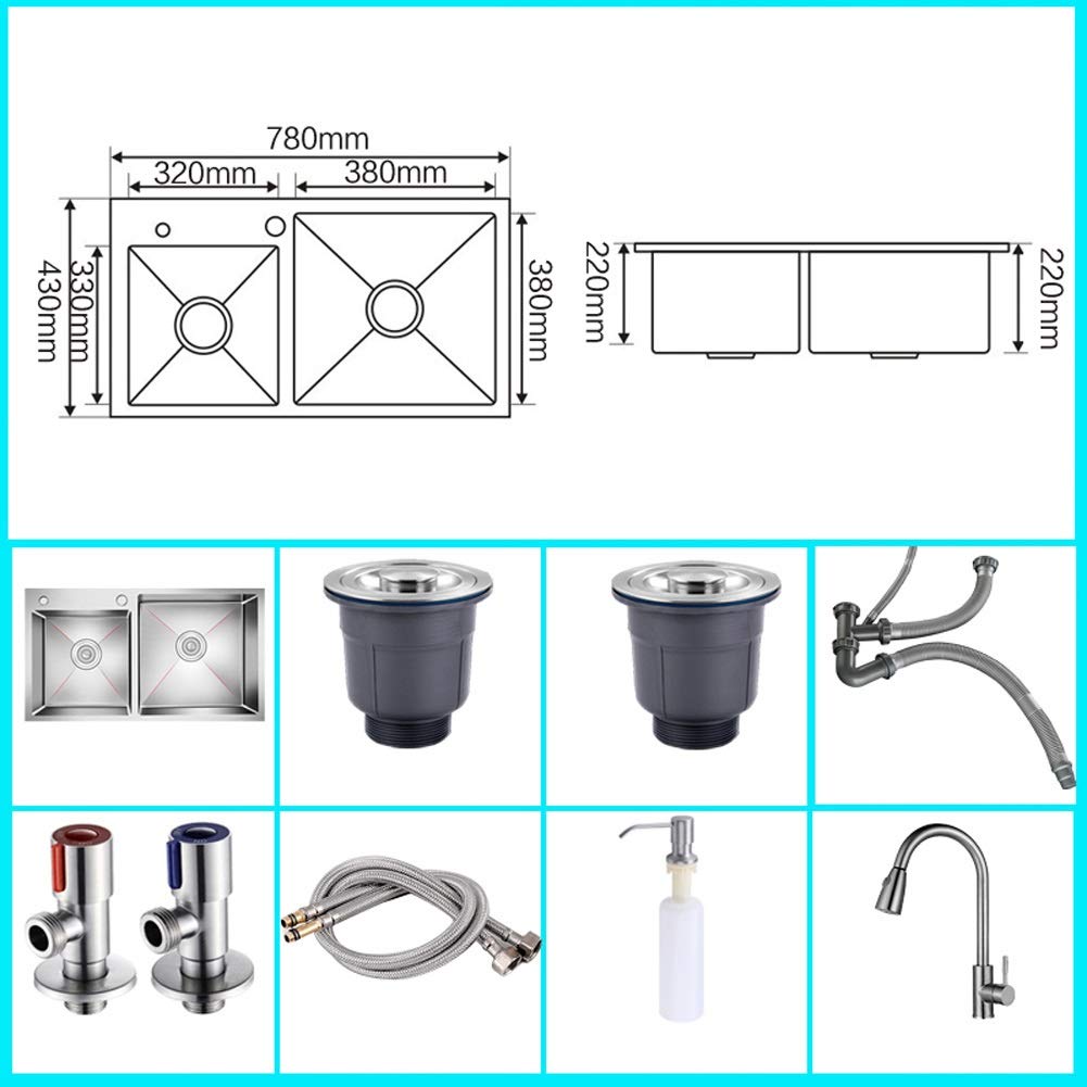 Juego Combinado de Grifo extraíble para Fregadero Doble de Cocina, de Acero Inoxidable Cuadrado, con Kit Completo de fontanería, desagüe y Accesorios para instalación empotrada baj