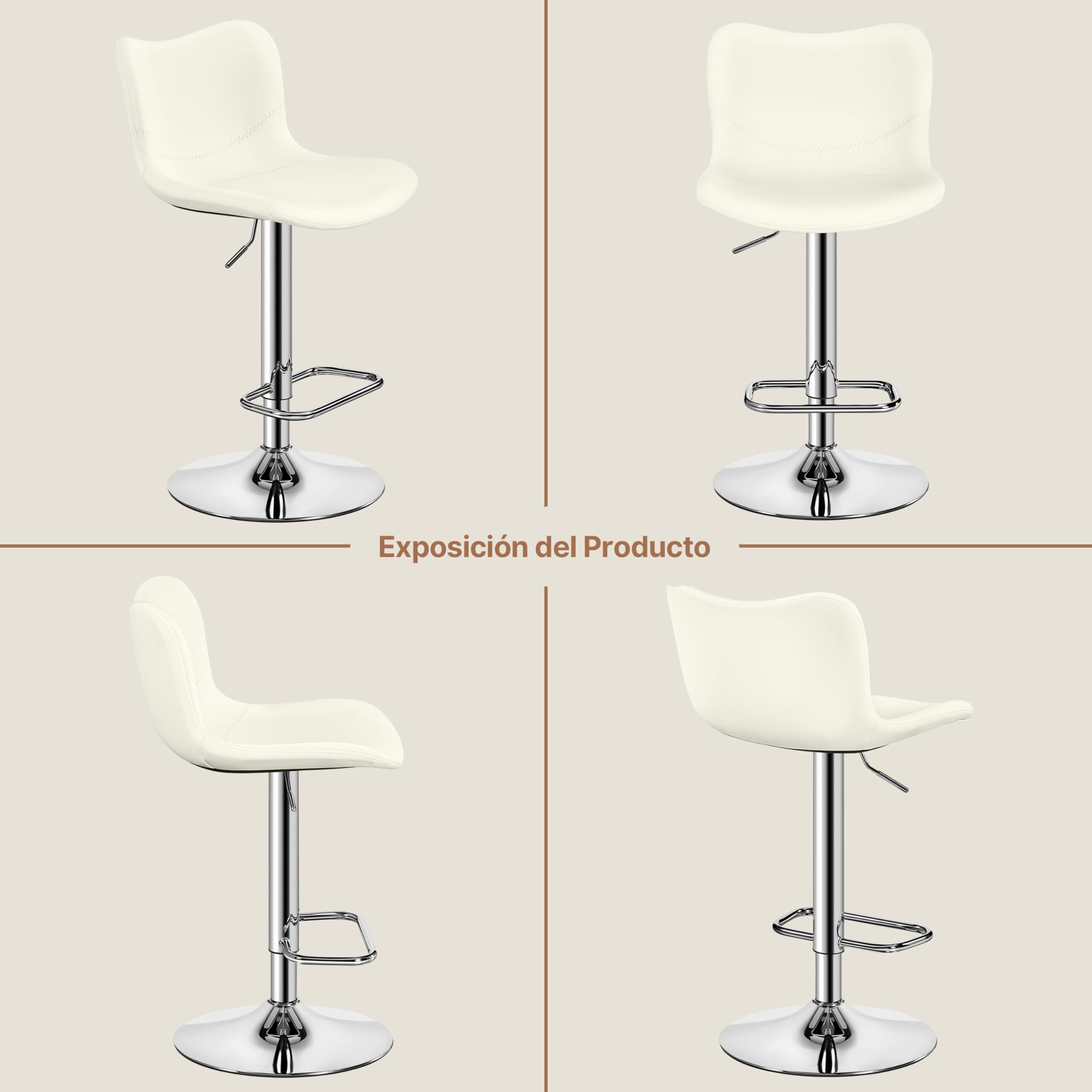 Yaheetech Juego de 2 Taburetes de Bar, Silla de Polipiel sin Reposabrazos | Sillas Giratorias con Respaldo Reposapiés Altura Ajustable Blanco