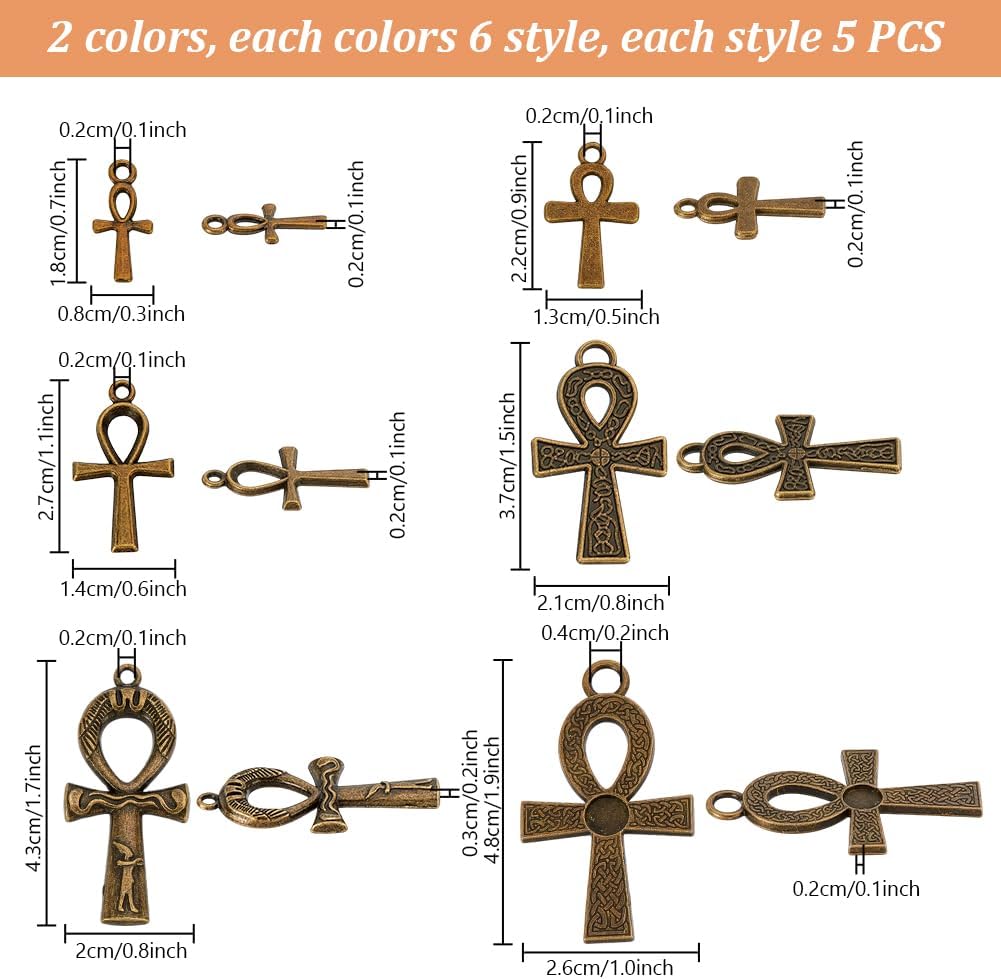PH PandaHall 60pcs 6 Styles Ankh Cross Charms, 0.71.8 inch Cross Pendants Egyptian Metal Charms Vintage Charms Tibetan Pendants for DIY Crafts Earring Necklace Bracelet Ankle Keychain Jewelry Making - Image 2