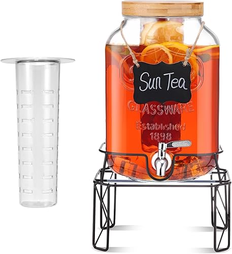 Dispensadores de bebidas de 2 galones con soporte, dispensador de bebidas de vidrio con grifo de acero inoxidable y tapa de bambú, dispensador de