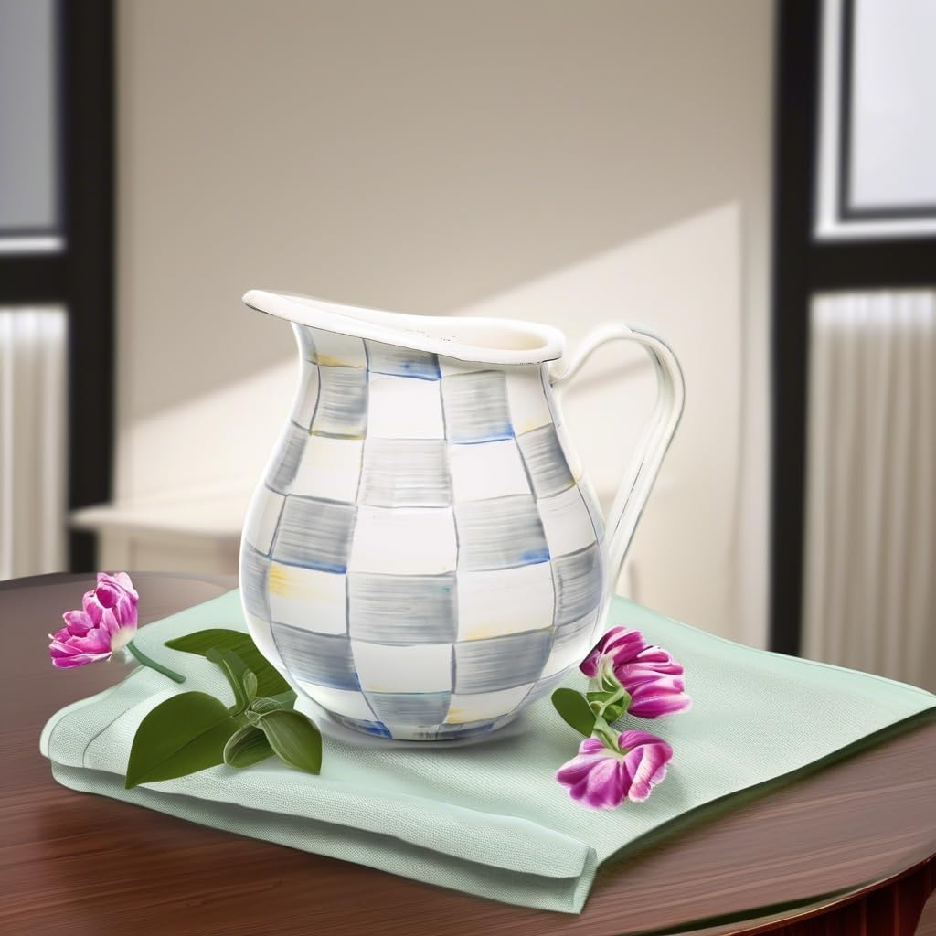 MACKENZIE-CHILDS Enamel Pitcher with Spout for Water, Cut Flowers, and Home Decor, 3 Quarts, Gray-and-White Sterling Check - Image 5
