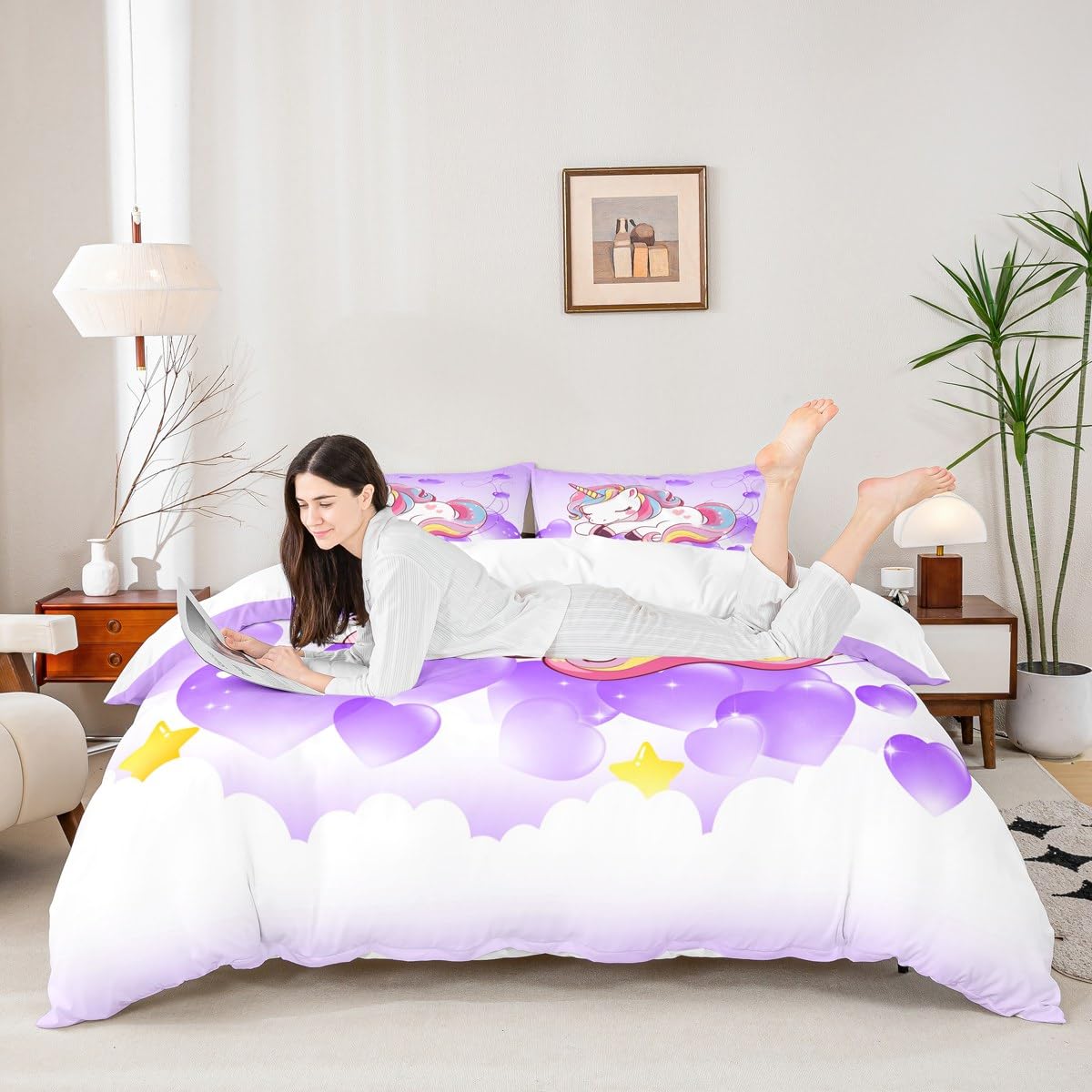 Juego de ropa de cama para niñas, diseño de unicornio, tamaño King, estampado de animales, juego de ropa de cama para mujer, unicornio mágico, juego de ropa de cama con diseño de corazón, morado, 3