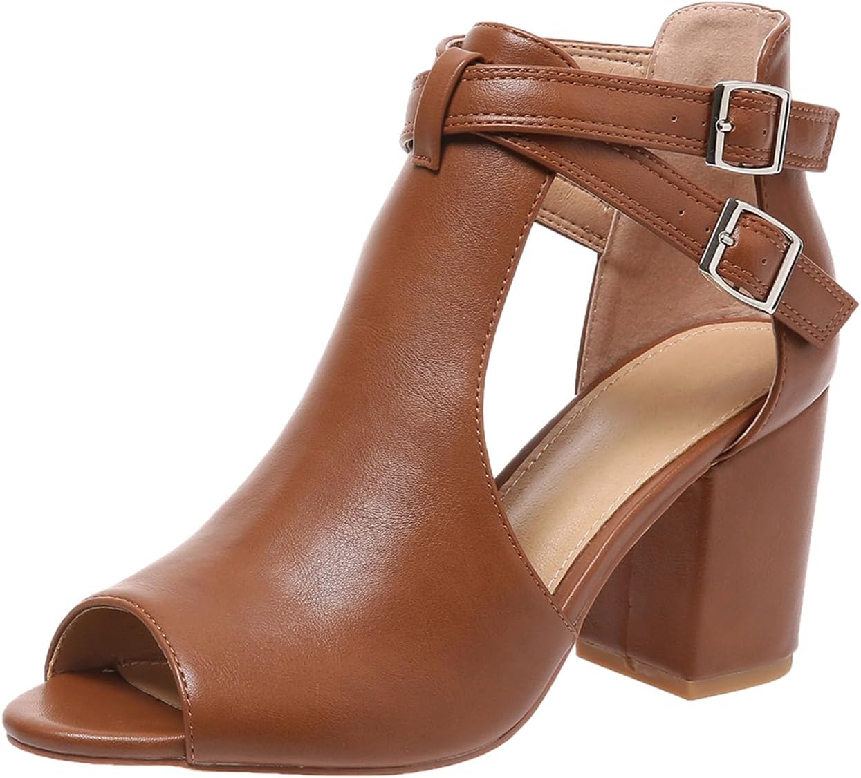 Peep Toe Heeled Sandals for Women Open Toe Side Cutout Chunky Heels Adjustable Ankle Buckle Summer Booties US5-11