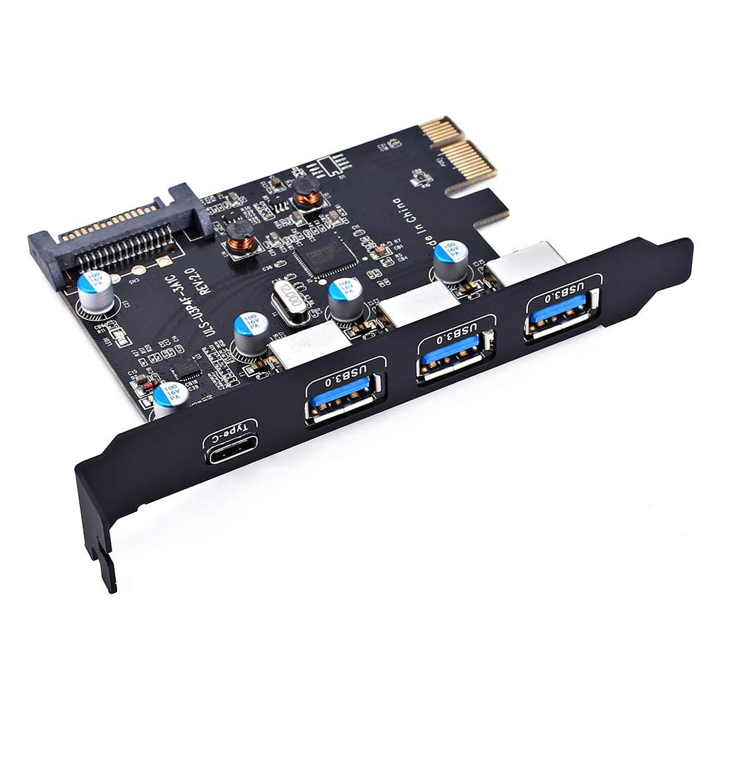 JMT PCI-E to USB 3.0/USB 3.1 PCI Express Card Type C+ 3 Type A Add Expansion Card PCI Express Controller Adapter 3X UBS3.0 + 2X USB 3.1 with 4Pin Power Cable 15Pin SATA Cable (5 Ports)