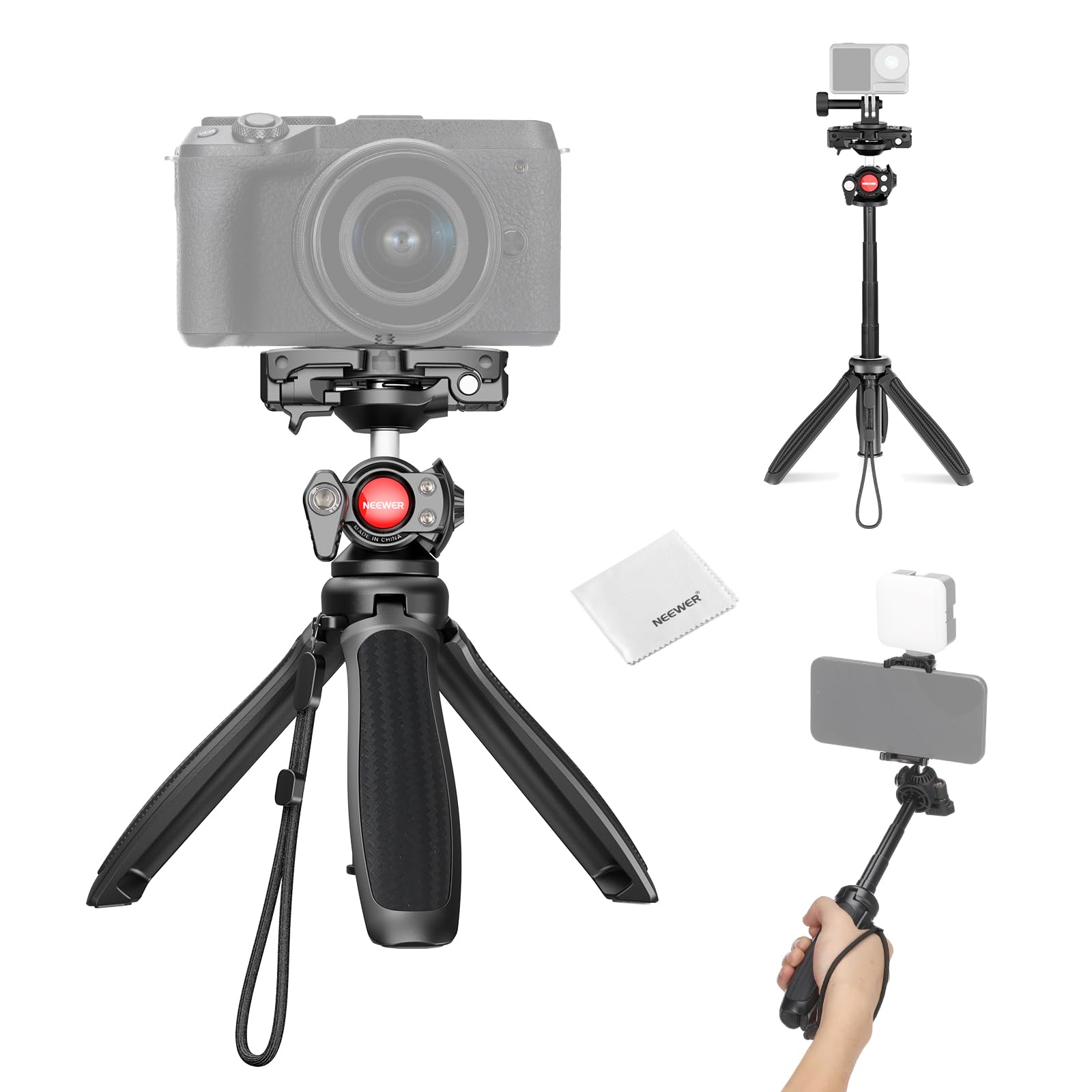 NEEWER TP38 Treppiede Fotocamera Smartphone Selfie Stick con Porta Cellulare Adattatore Action Cam Compatibile con iPhone GoPro, Mini Tripod Supporto Viaggio con Panno Pulizia per Vlog Riprese Video