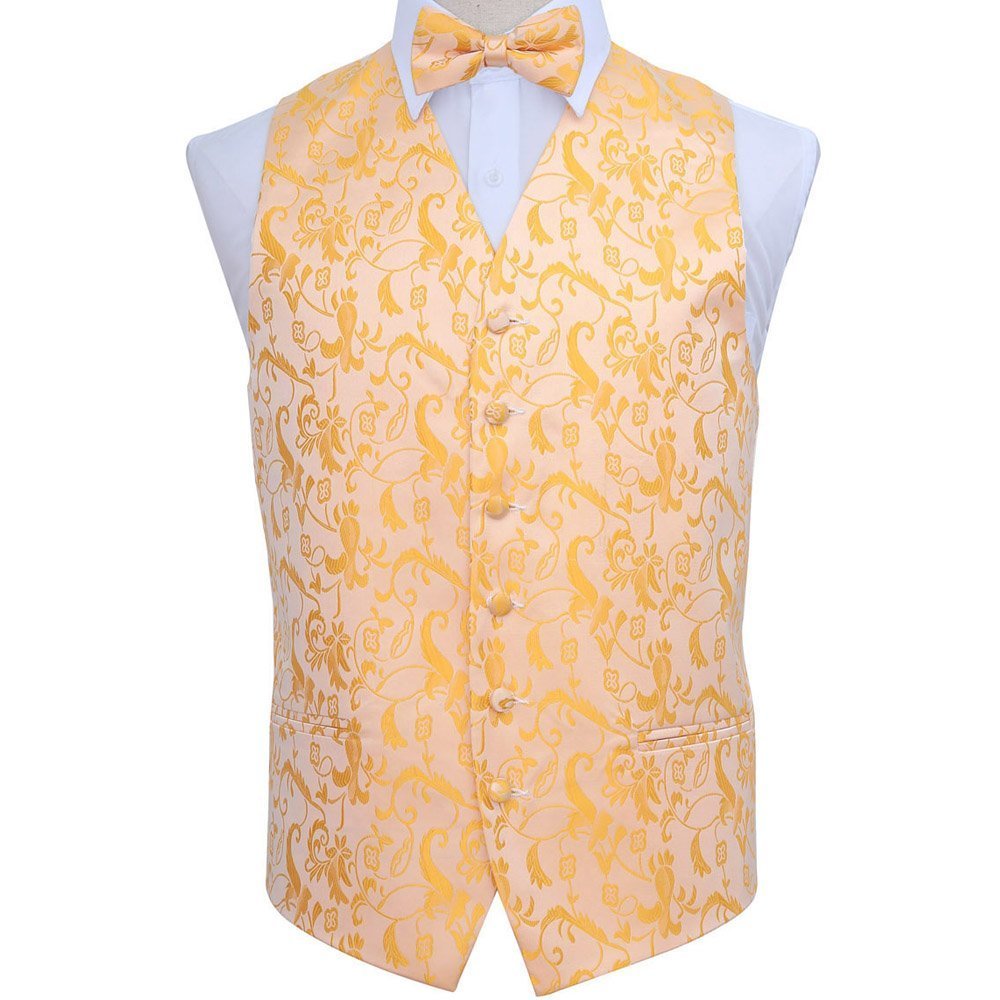 DQT Mens Passion Floral Jacquard Wedding Waistcoat Set with Bow Tie, Pocket Square & Cufflinks – Formal Suit Vest - Gold 48" (4XL)
