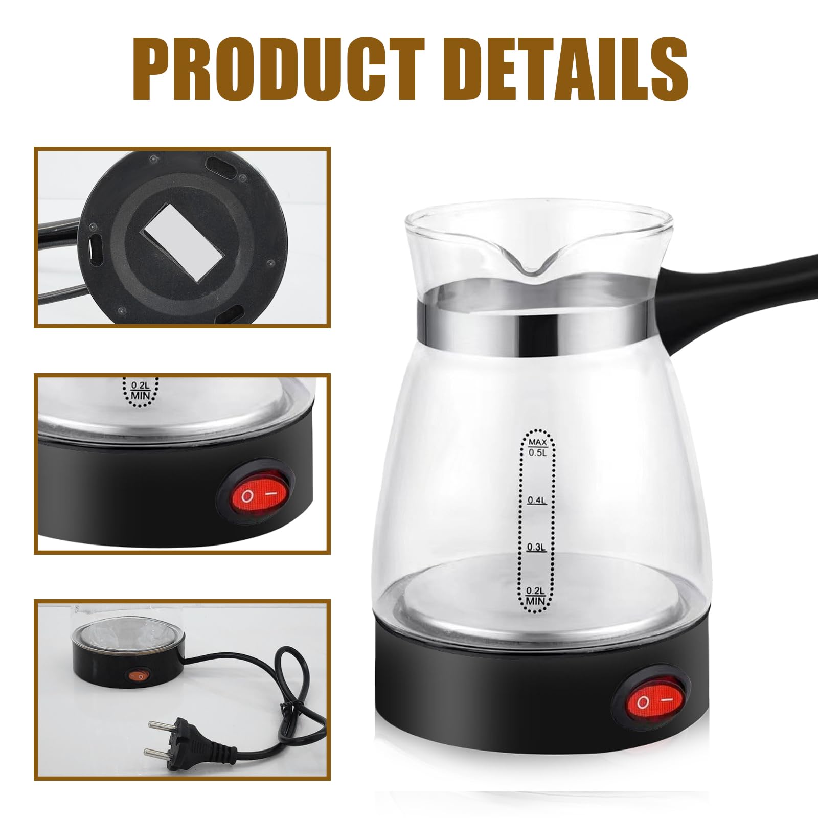 Elektrische Türkische Kaffeekanne 500 ml, Türkischer Kaffeekocher 500 W, Elektrische Kaffeemaschine mit Griff, Waschbare Mokkakanne für Türkischen Kaffee, Espresso & Tee, Für Zuhause, Büro & Camping