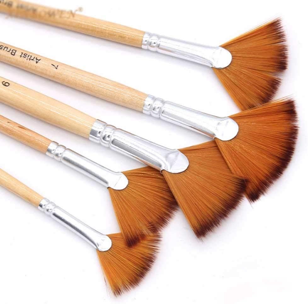 5Pcs/Set Nylon Hair Wooden Handle Log Color Watercolor Paint Pen Multi Purpose Fan-Shaped Oil Painting Brushes