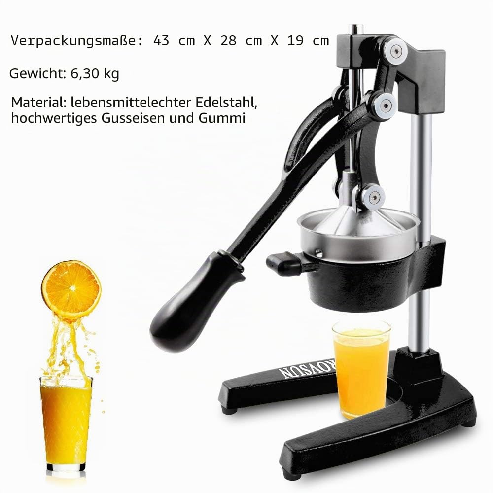 ROVSUN Saftpresse Manuell Edelstahl, Zitronenpresse Manuell, Entsafter Obstpresse, Zitruspresse, Apfelpresse, Orangenpresse 18x22x37 cm Schwarz