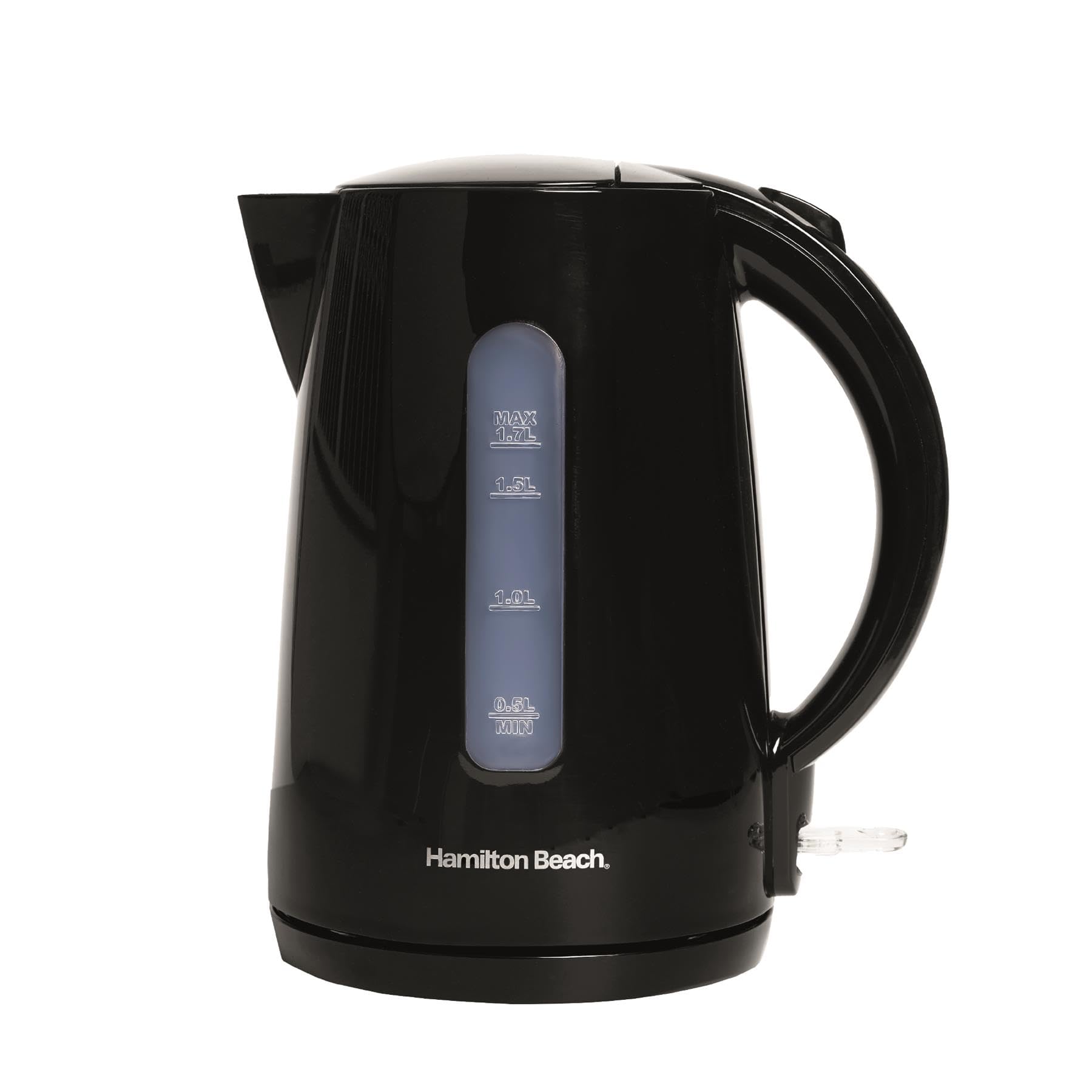 Hamilton Beach Electric Kettle, Essentials, 1.7L Rapid Boil, 3000W, Water Indicator Window, Button Release Lid, Boil-Dry Protection, Illuminated Switch, Auto Shut-Off, Plastic, Black - HBK1301B