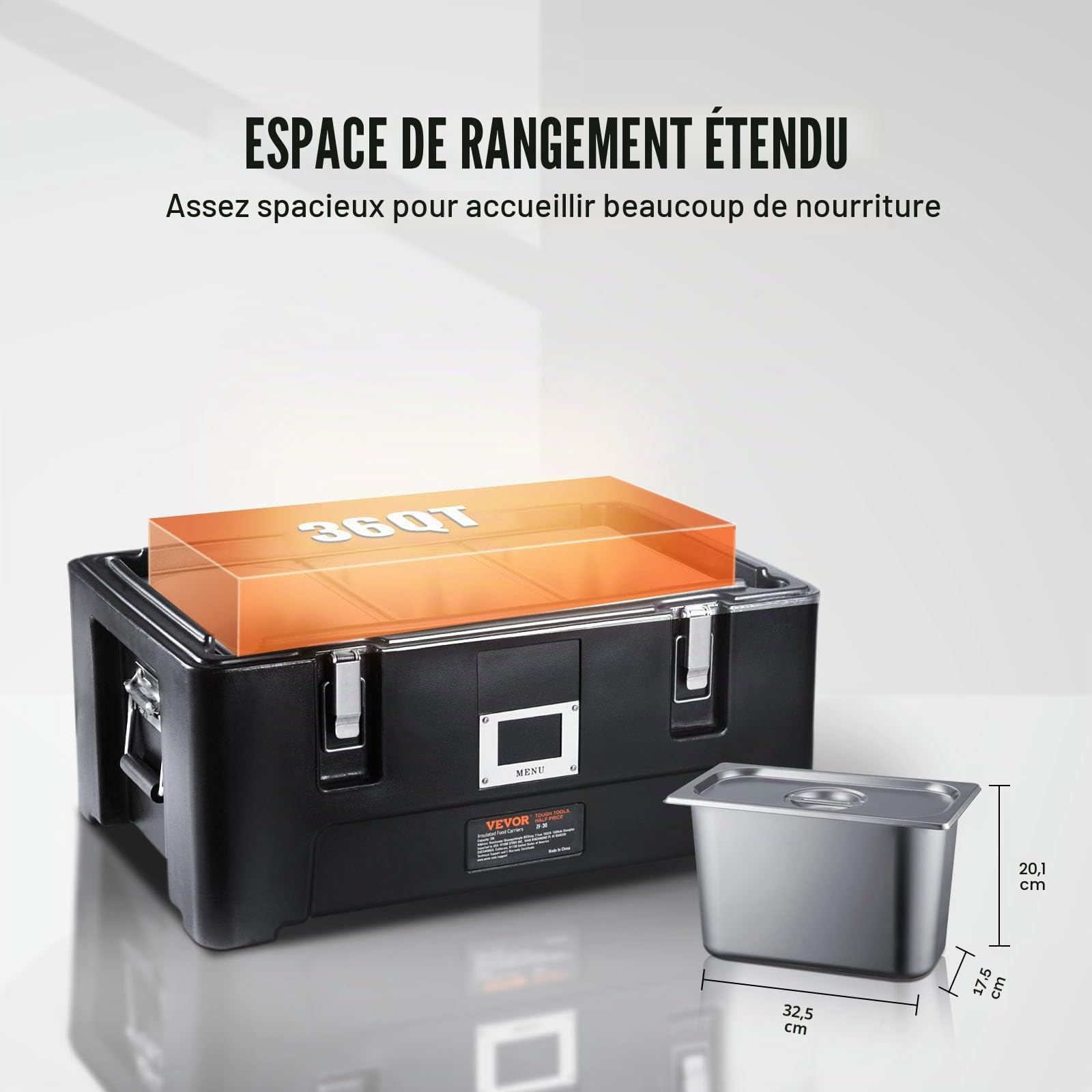 VEVOR Conteneur Isotherme 30 L, Boîte de Transport en LLDPE à Chargement par le Haut, 3 Bacs Alimentaires en Inox, pour Garder au Chaud ou Froid Traiteur Restauration Restaurant Cantine 627x430x610 mm