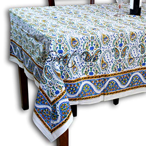 Hand Block Print Paisley Floral Tablecloth For Square Tables Cotton Table Linen Beach Sheet Beach Throw Gold Blue White 72 X 72 Inches #TOP30