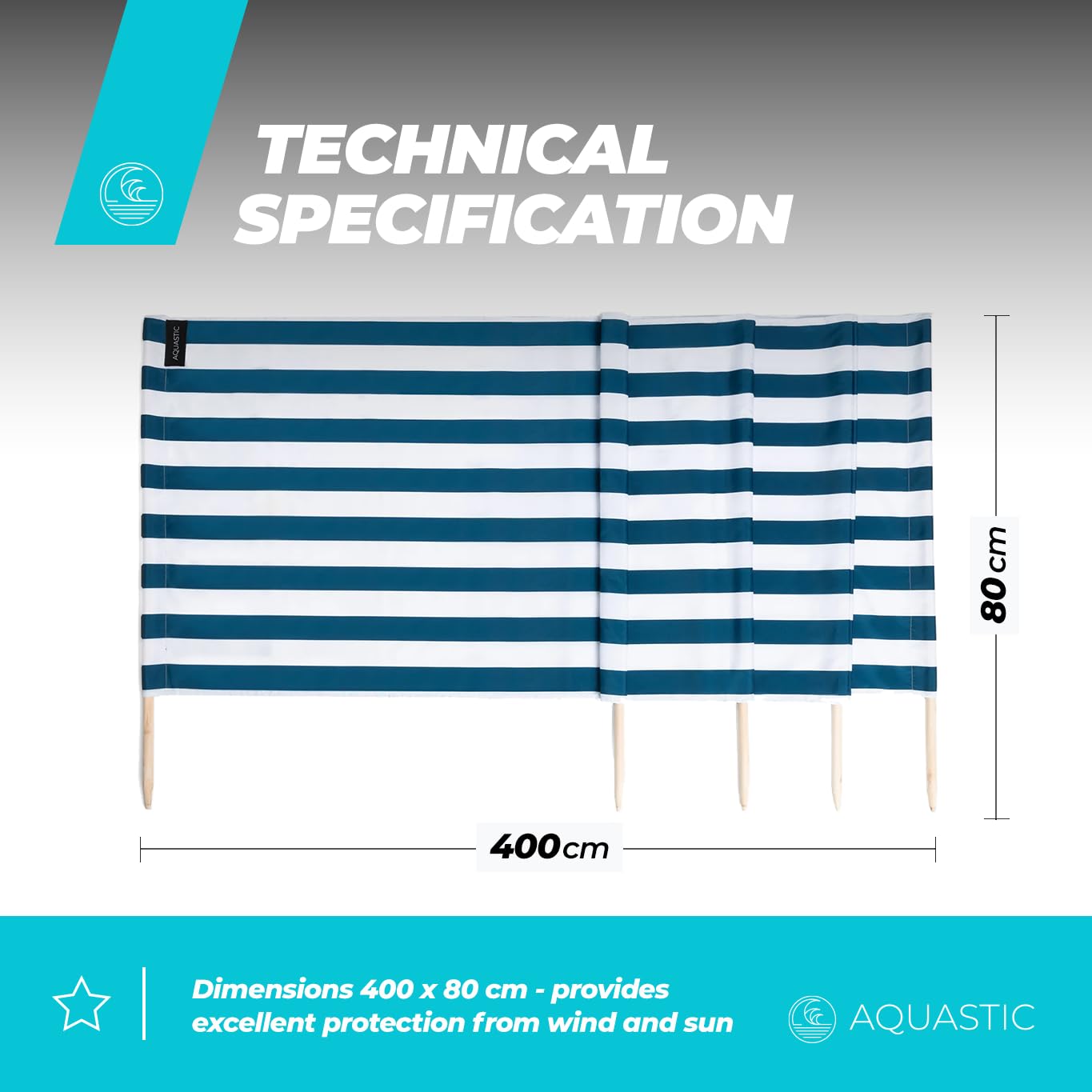 AQUASTIC Paravento da Spiaggia WINDSCREEN di Colore Blu| Blu/Bianco Frangivento Ideale per Il Lago e Il Mare Materiale Resistente 100% Poliestere Facile da Piegare e Trasportare 400 x 80 cm