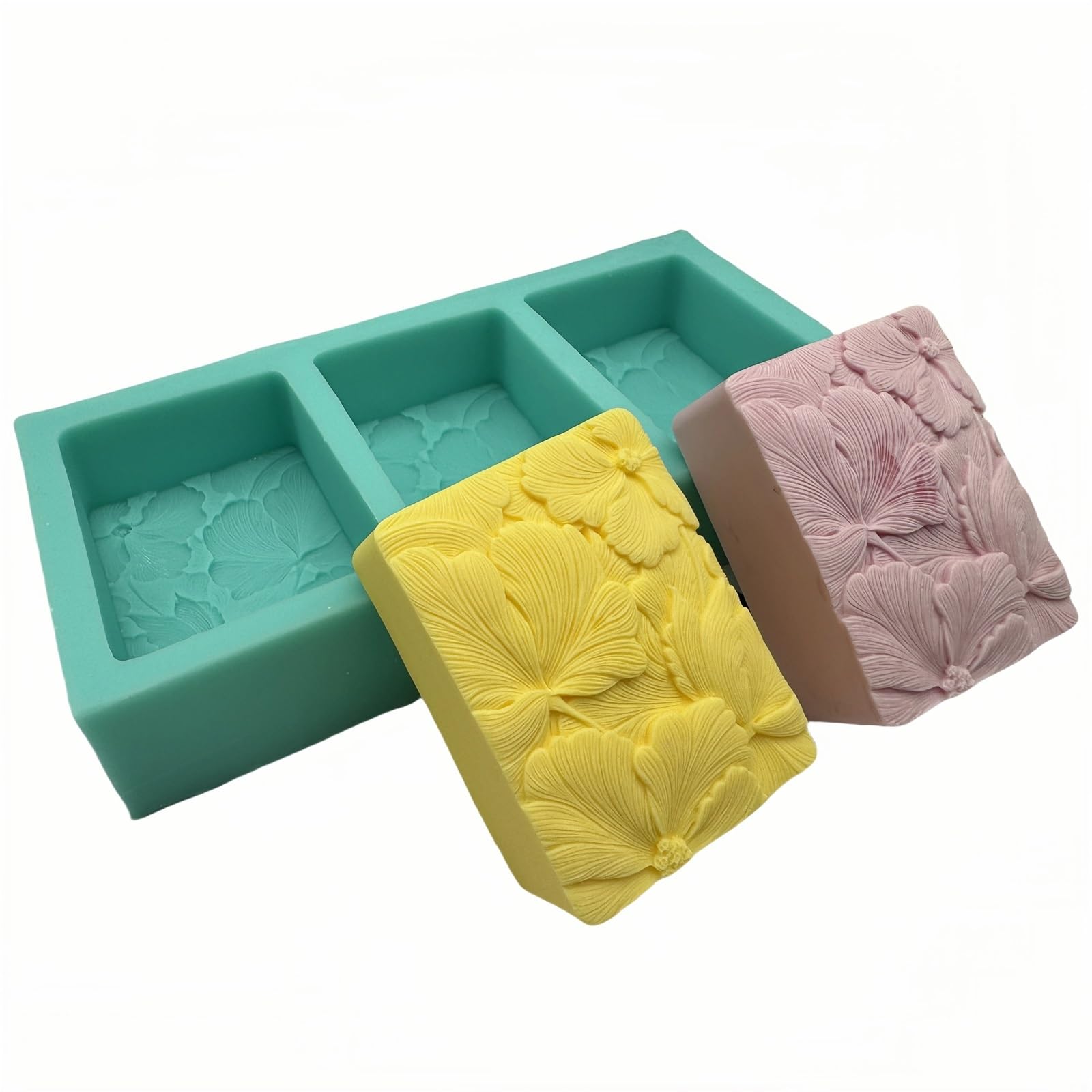 3 Cavities Silicone Flower Soap Mold,Bar Molds, Handmade Mould, DIY, Candle Wax, Gypsum Resin Craft for Making Soaps Bar(Ginkgo)