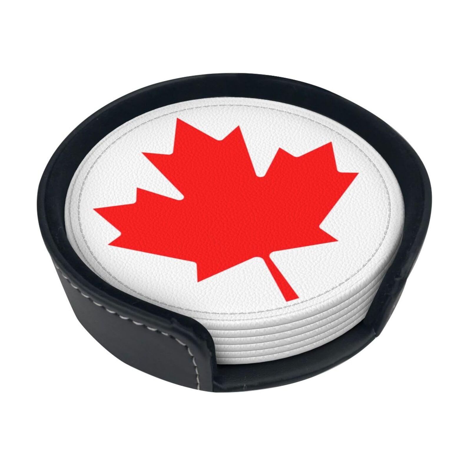 Cntdbu White Canadian Flag Leather Coasters Set Of 6-Pu Leather Drink Mats For Table, Heat Resistant Round Coasters With Holder