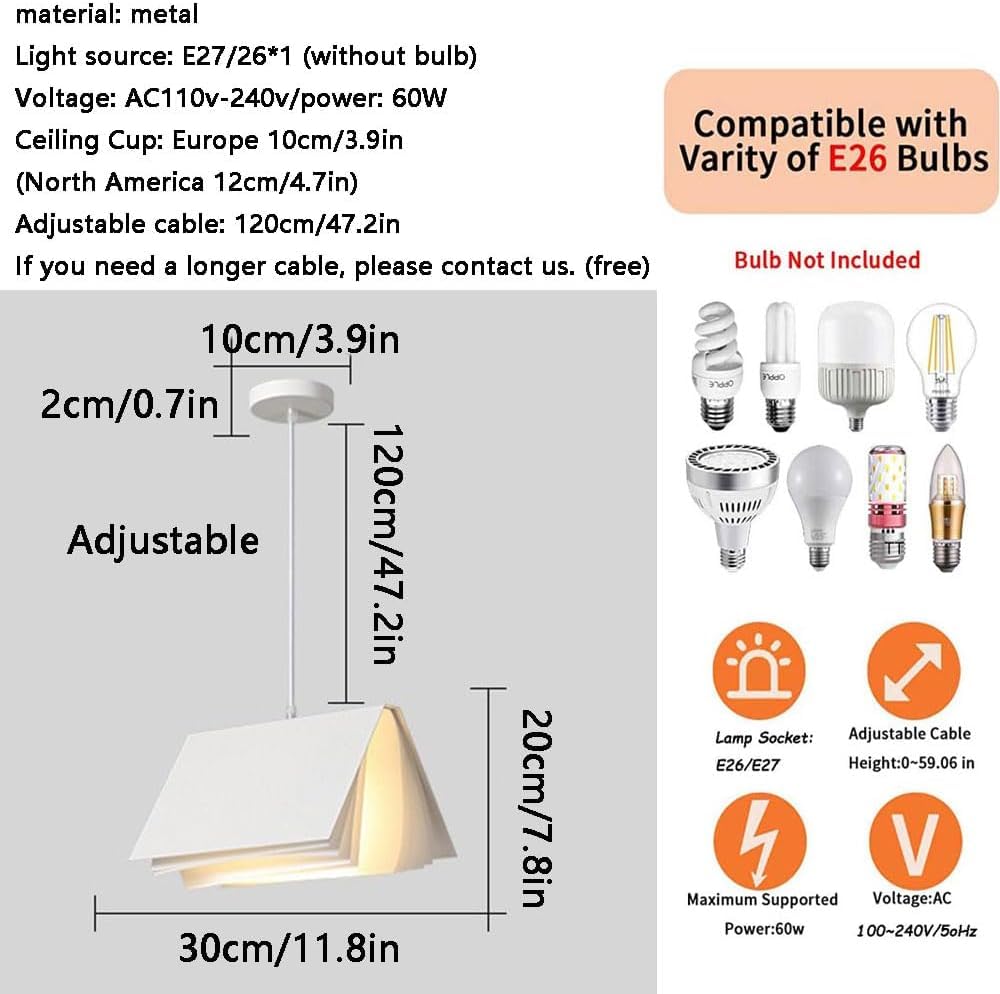 Lampadario moderno nordico a 1 luce Lampadario a sospensione medievale Lampadario a forma di libro creativo Lampadario con paralume bianco Decorazione domestica per sala da pranzo Soggiorno Ca