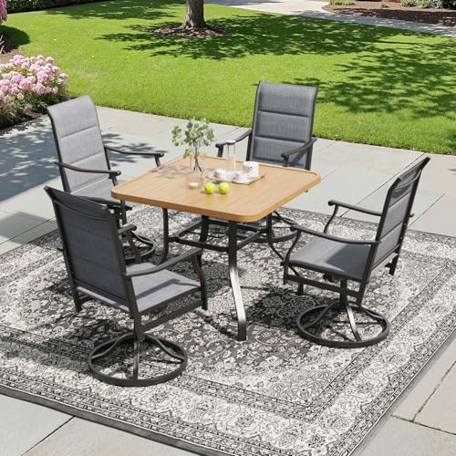 Image of Soohow 5-Piece Outdoor Dining Set, Patio Dining Table and Chairs Set for 4, 4 x Swivel Patio Chairs and 35 inchx35 inch Dining Table with 1.57 inch Umbrella Hole, Wood-Like, Ideal for Poolside, Backyard, Deck
