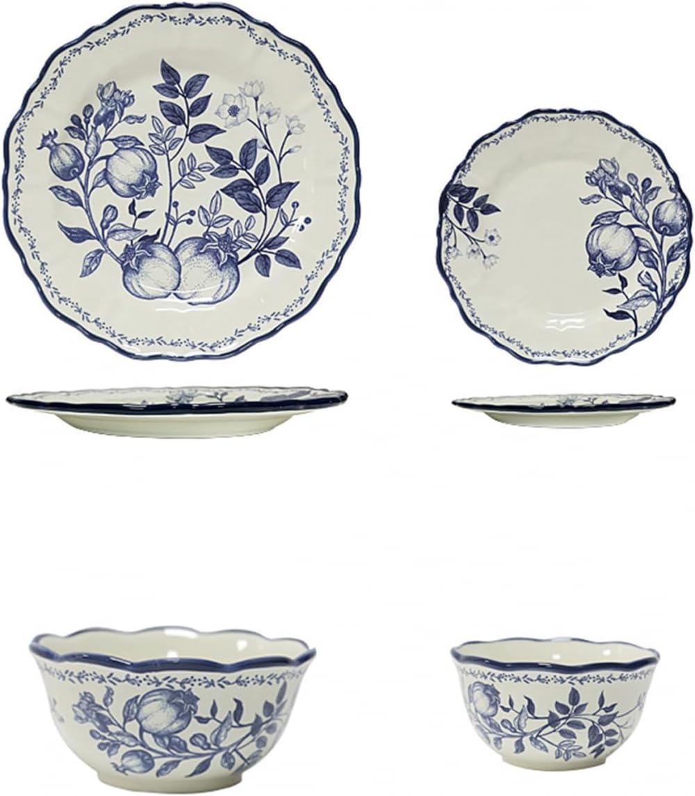 Ceramiczna miska, stek talerz obiadowy kreatywny niebieski kwiat gałęzie liście wzór warzyw miska zestaw talerzy zastawa stołowa prezent prezent ceramika zestaw obiadowy naczynia 4-częściowe zestawy