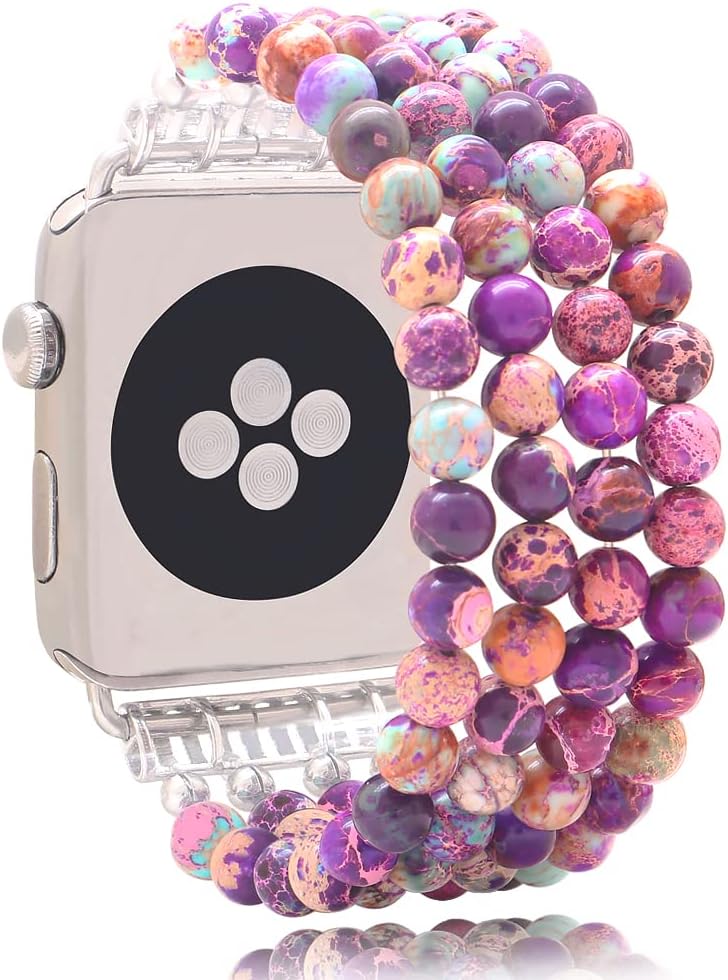 KAI Top Beaded Bracelet Compatible with iWatch Band 38mm 40mm 41mm 42mm 44mm 45mm 46mm 49mm Women, Stone Beaded Elastic Stretch Replacement Strap for Apple Watch Ultra SE Series 10 9 8 7 6 5 4 3 2 1 Galaxy Sea Sediment Jasper 38mm/40mm/41mm/42mm(Series 10)