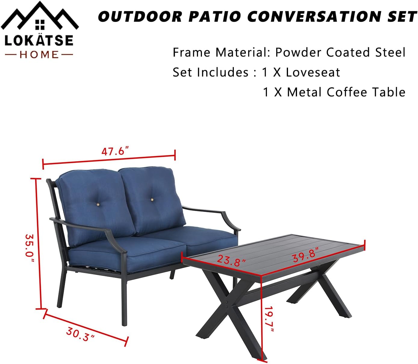 LOKATSE HOME Outdoor Loveseat and Coffee Table Metal Conversation Set Patio Furniture with Cushions for Poolside Backyard Lawn