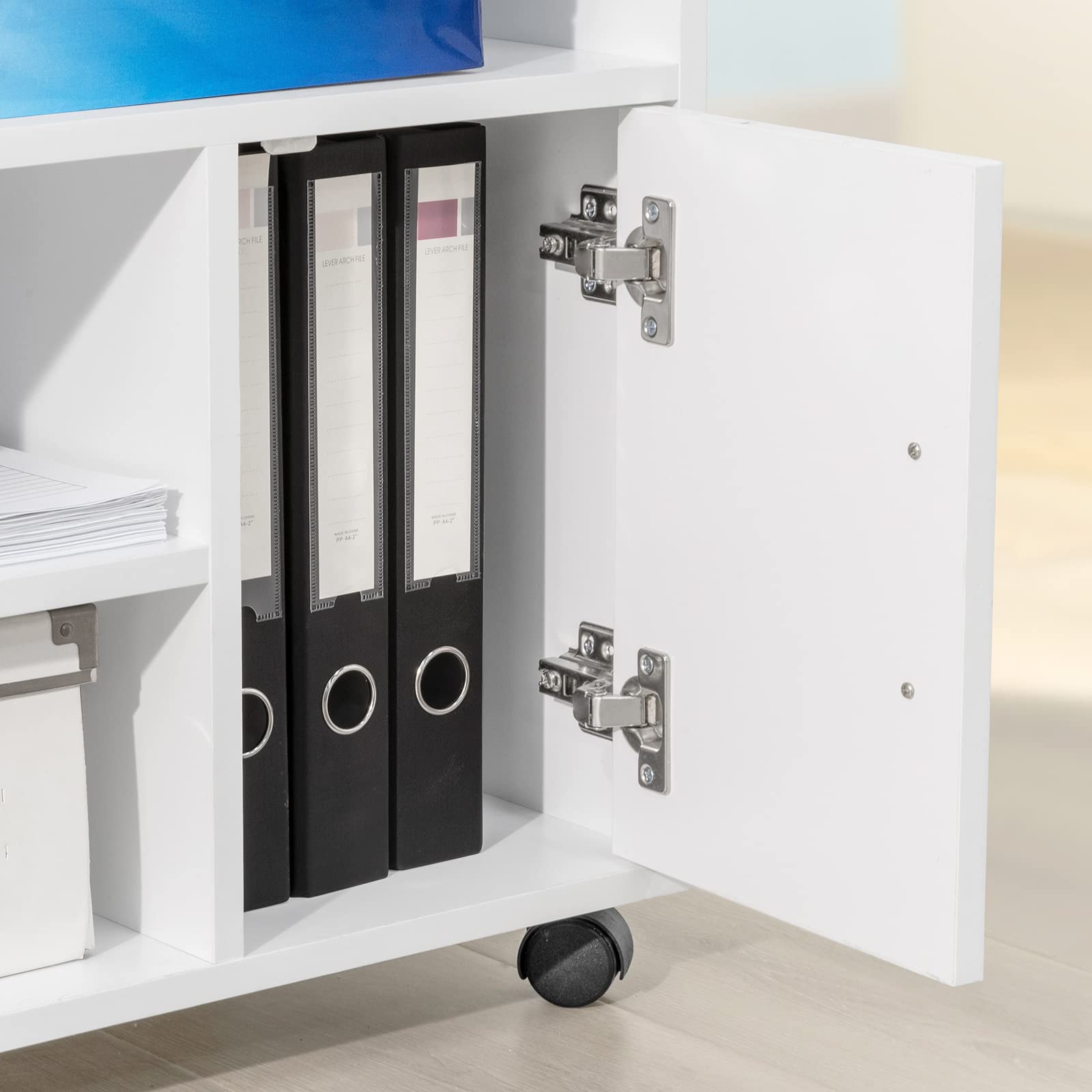 SoBuy Cassettiera Ufficio Cassettiera Scrivania con Ruote Porta Stampante Schedario da Ufficio con Cassetto, Anta e Ripiani Tavolino Salvaspazio Bianco 50x40x75cm FBT106-W