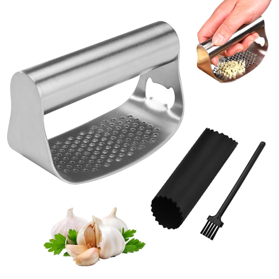 Koonafy Stainless Steel Garlic Presser, Upgraded Garlic Press Rocker Garlic Mincer Garlic Crusher with Peeler and Cleaning Brush, Garlic Chopper for Smash Garlic Kitchen Gadgets Tools