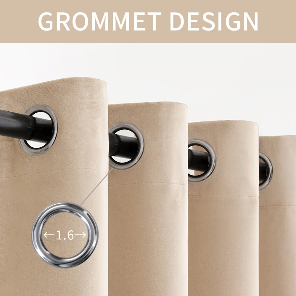 Woaboy 100% Blackout Cream Beige Velvet Curtains-2 Panels 84 inch Completely Blackout Window Drapes Thermal Insulate 3 Layer Curtains with Black Liner for Bedroom Nursery Room, Grommet Top (52 * 72")