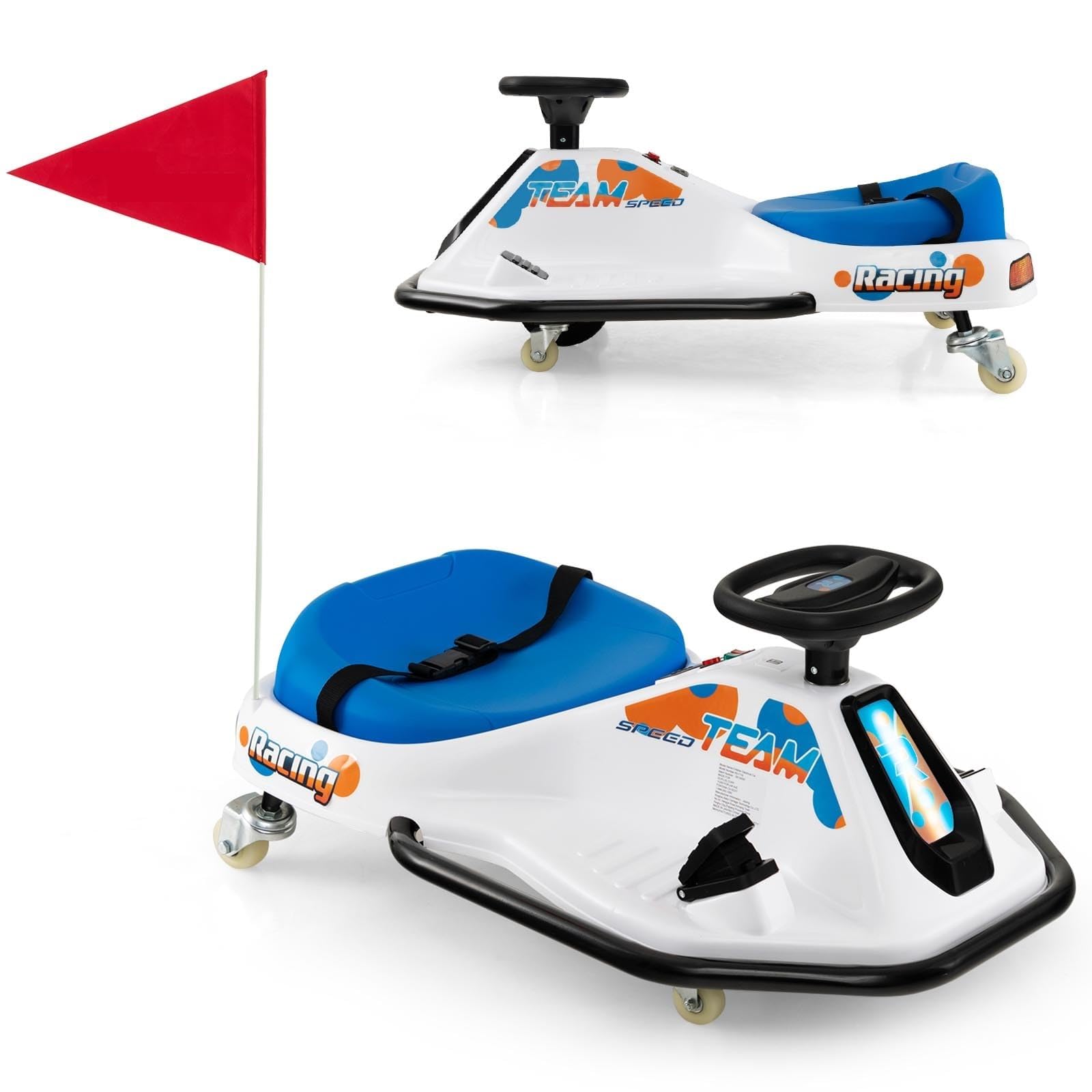 COSTWAY 24 V Go Kart per bambini, Auto Drift con Giro a 360°, con Connessione Wireless USB Radio Musica e 3 Bandierine, Avviso Lento, 9-15 km/h, per Bambini 3+ Anni