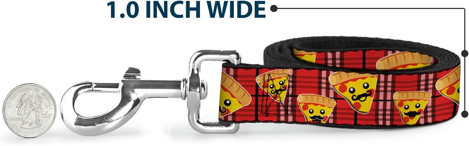 Dog Leash Pizza Man Plaid Red 6 Feet Long 1.0 Inch Wide