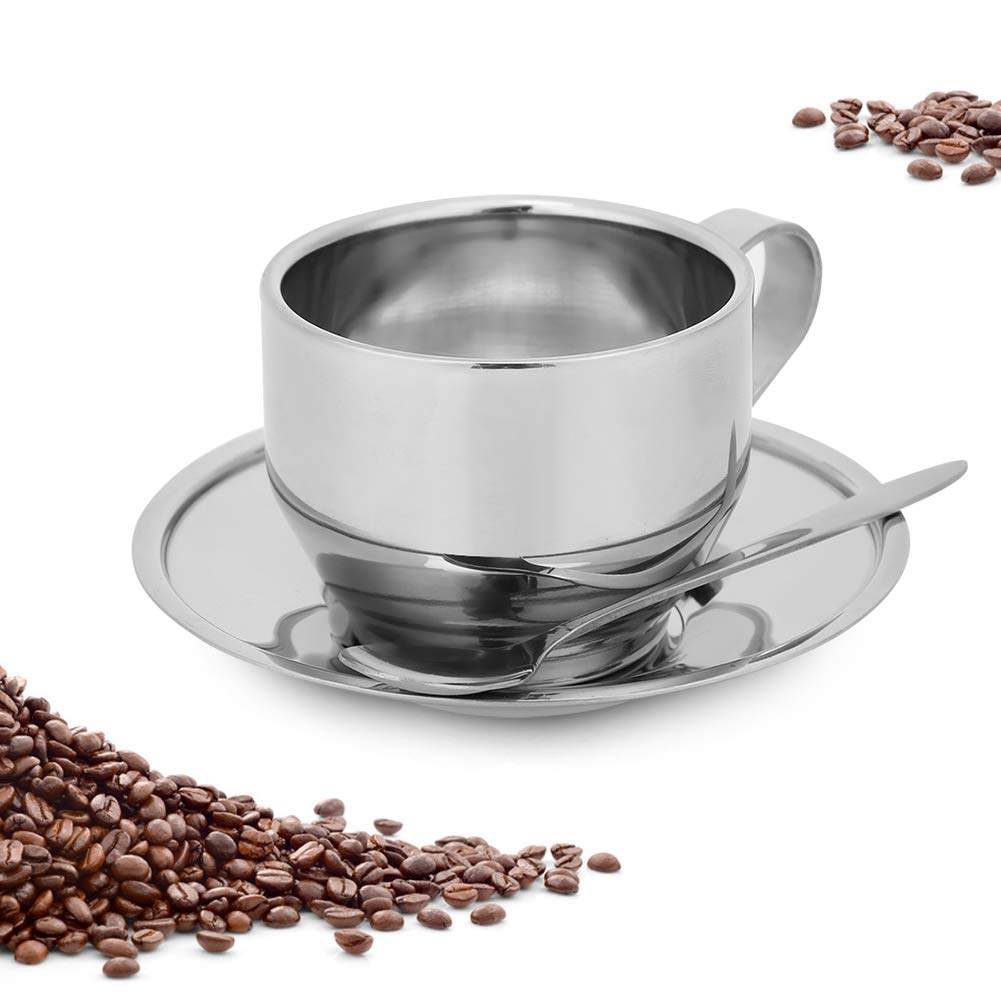Stainless Steel Espresso Cup, 4oz Coffee Mugs with Spoon and Saucer Double Wall Coffee Cup with Saucer and Spoon Cappuccino Coffee Latte Tea Espresso Mug Espresso Cup Set for Coffee, Latte,Tea, Milk