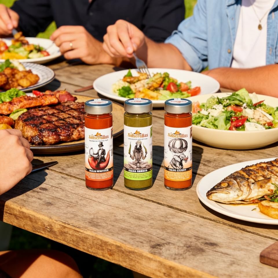 Pack 3 Salsas Picantes Gourmet Salserellas (Afgana, Winston y Curry) | Variedad de Sabores con Jalapeño | Ingredientes Naturales con Aceite de Oliva | Ideal para Carnes, Tacos, BBQ y Regalo Foodie