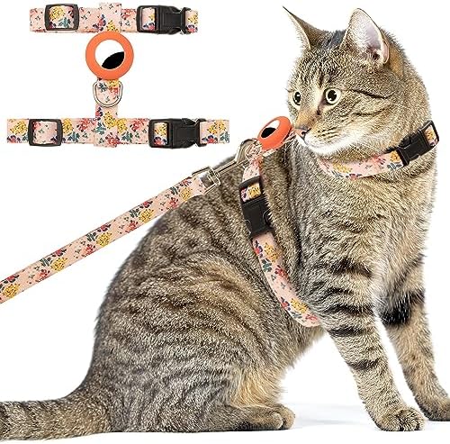 TUKOAW Cat Harness and Leash Escape Proof for Walking Travel Outdoor - Soft Nylon Adjustable Cute Cat Harness Leash Set with Airtag Holder for Small Medium Large Cats