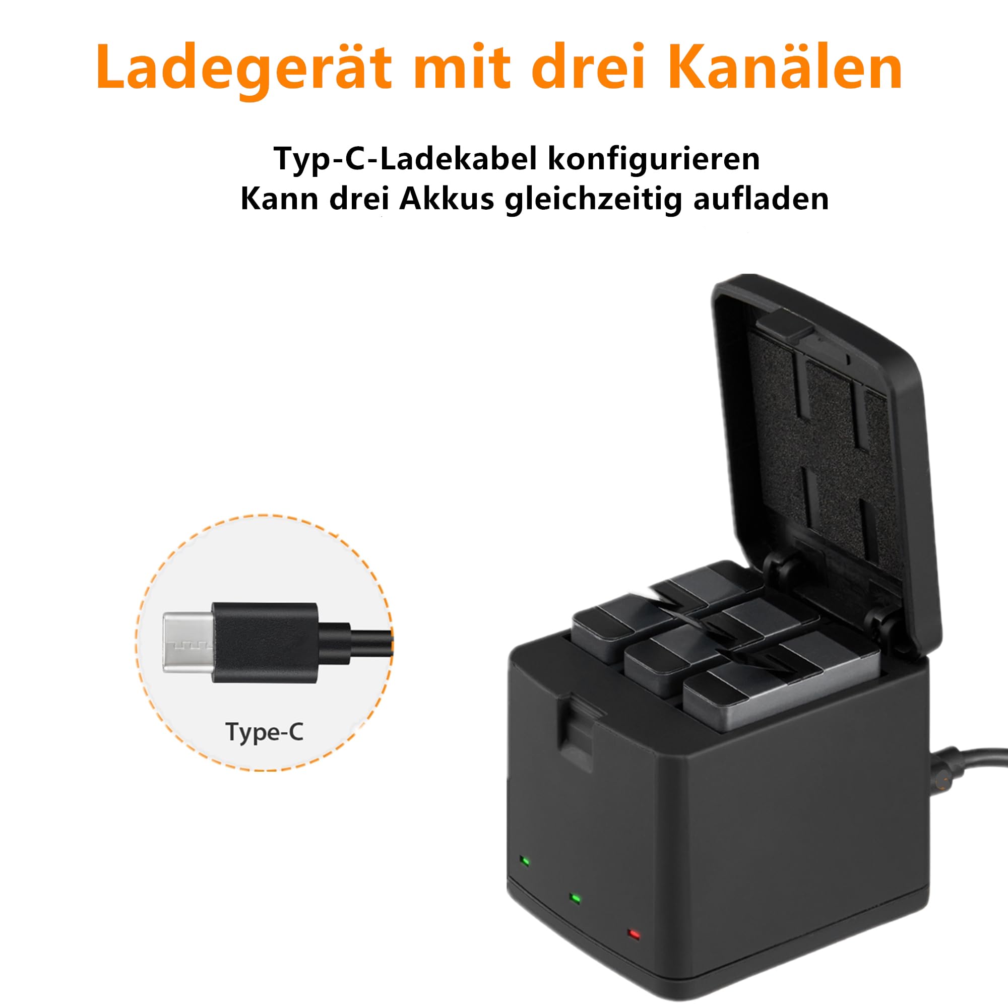 Vemico Hero 8 Akku Ladegerät Kit 3 Pack 1500 mAh ErsatzAkku 3 Kanal Ladebox Typ-C USB Mit Einem Schutzdeckel Ladegerät für Hero 8/Hero 7/Hero 6/Hero 5/AHDBT-801 (Vollkompatibel mit Orginal)