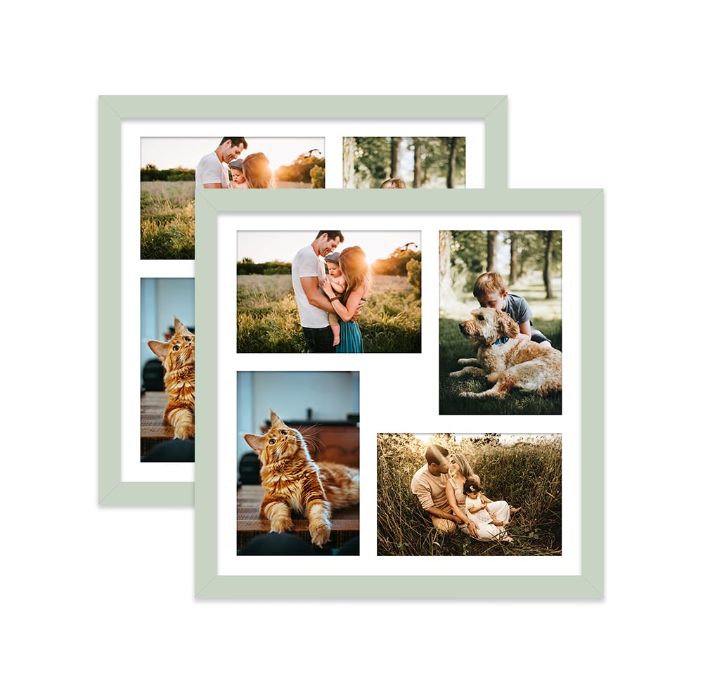 Mint Green Multi Photo Frame - Holds 4 x 6x4 Pictures, Family Collage Picture Frame for Wall Display, 12x12 Frame size, Set of 2