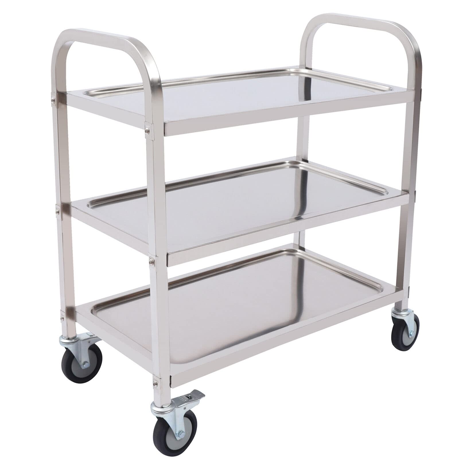 SHZICMY Servierwagen Küchenwagen, 3 Böden Teewagen Edelstahl Abräumwagen Rollwagen Transportwagen mit Bremse Speisewagen für Hotel Restaurant Küche, 75x40x83cm