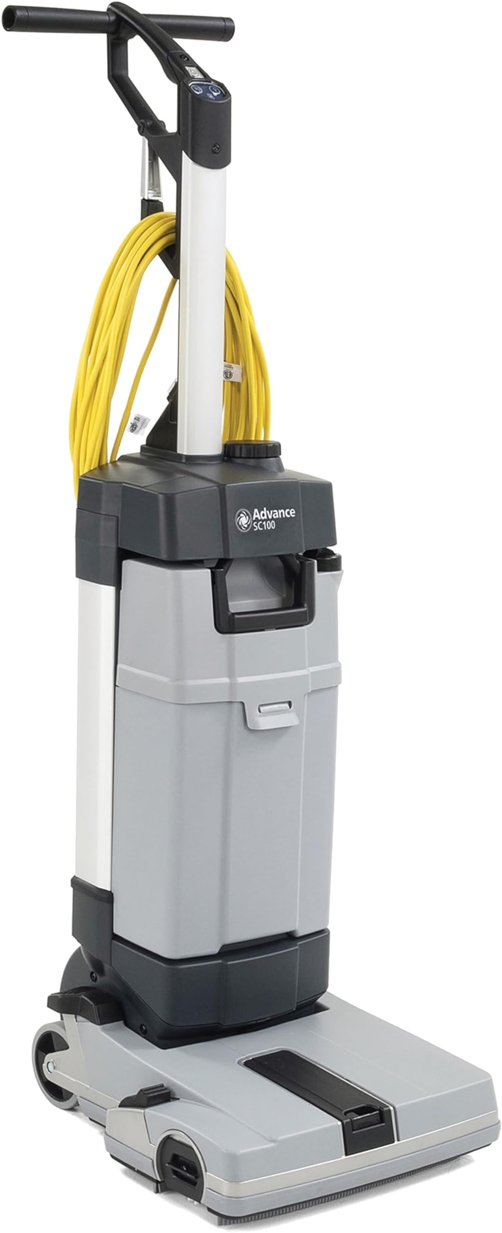 Nilfisk Advance SC100 Upright Automatic Scrubber; 12 inch Cylindrical; 110 V, Cord-Electric; 33 ft (10m) Detachable Yellow Safety Cord (107416428); (1) Medium Nylon Brush Included (107411860)