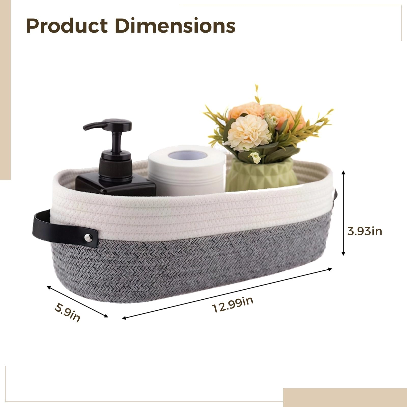 Lot de 2 paniers de rangement ovales en corde de coton, paniers tressés avec poignées en cuir, organisateurs pour salle de bains, conteneurs de rangement pour la maison, jouets et serviettes