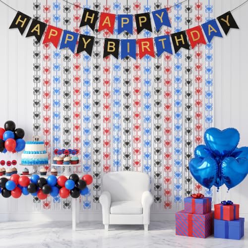 Image of TONIFUL 2Pcs Black Red Blue Spider Cutouts Metallic Foil Fringe Curtains | 3.3ftx6.6ft Photo Booth Backdrop Door Tinsel Streamers, Props for Spider Themed Birthday Halloween Baby Shower Decorations