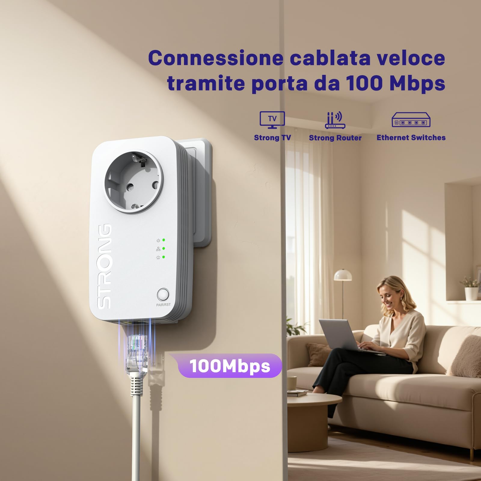 Strong AV600 Adaptador Powerline Set con Enchufe, PLC HomePlug AV2, Sin WiFi, Plug & Play, Enchufe Integrado, Modo de Ahorro de Energía, Puertos LAN 100 Mbit/s, Internet por Red Electrica (PL600S)