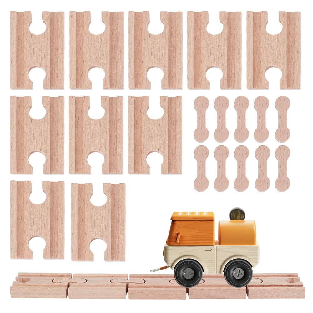 OLYCRAFT Set di 20 connettori in legno per ossa per cani, accessori con 10 adattatori per binari in legno e 10 binari dritti in legno duro per realizzare ferrovie in legno duro