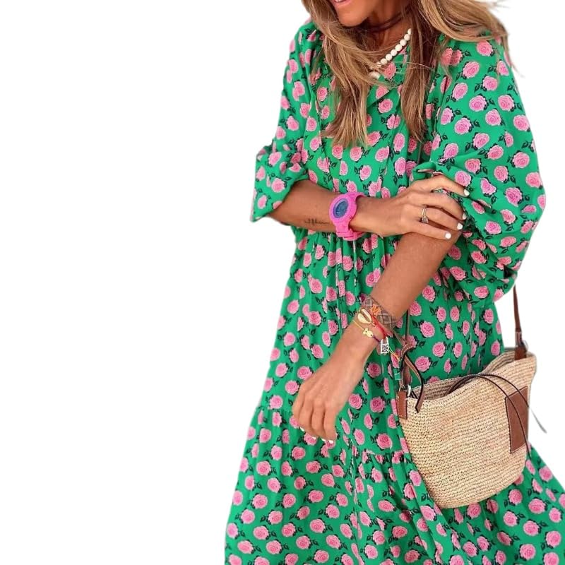 Image of Womens 2024 Casual Boho Maxi Dresses V Neck 3 /4 Puff Sleeve Geometric Pattern Smocked Ruffle Beach Long Sundress