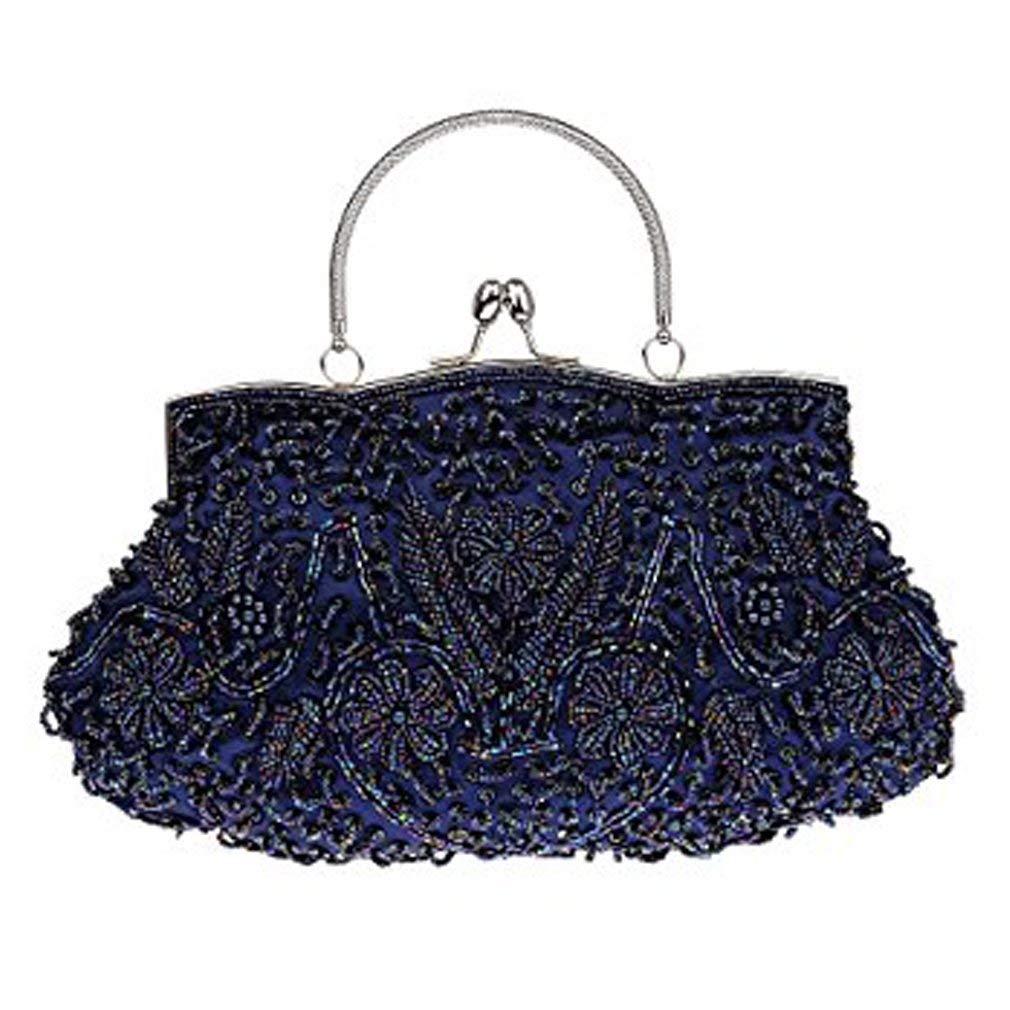 SYMALLWomen's Elegant Satin Lace Floral Evening Bag Party Wedding Outlets Bar Clutch Shiny with Diamonds and Chains Bridal Bag Princess Cocktail Bag, dark blue, 26 x 16 x 7 cm,