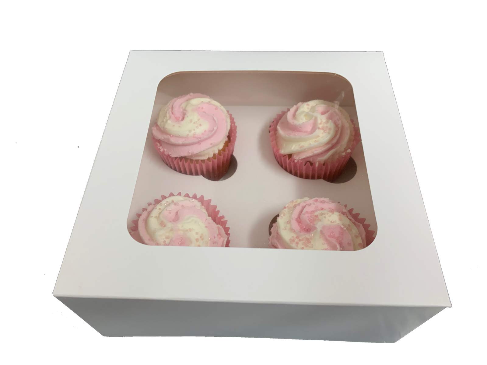 LARRYROO White Windowed Cupcake Boxes, Holds 4 Cup Cakes with Removable Inserts Birthday (20)