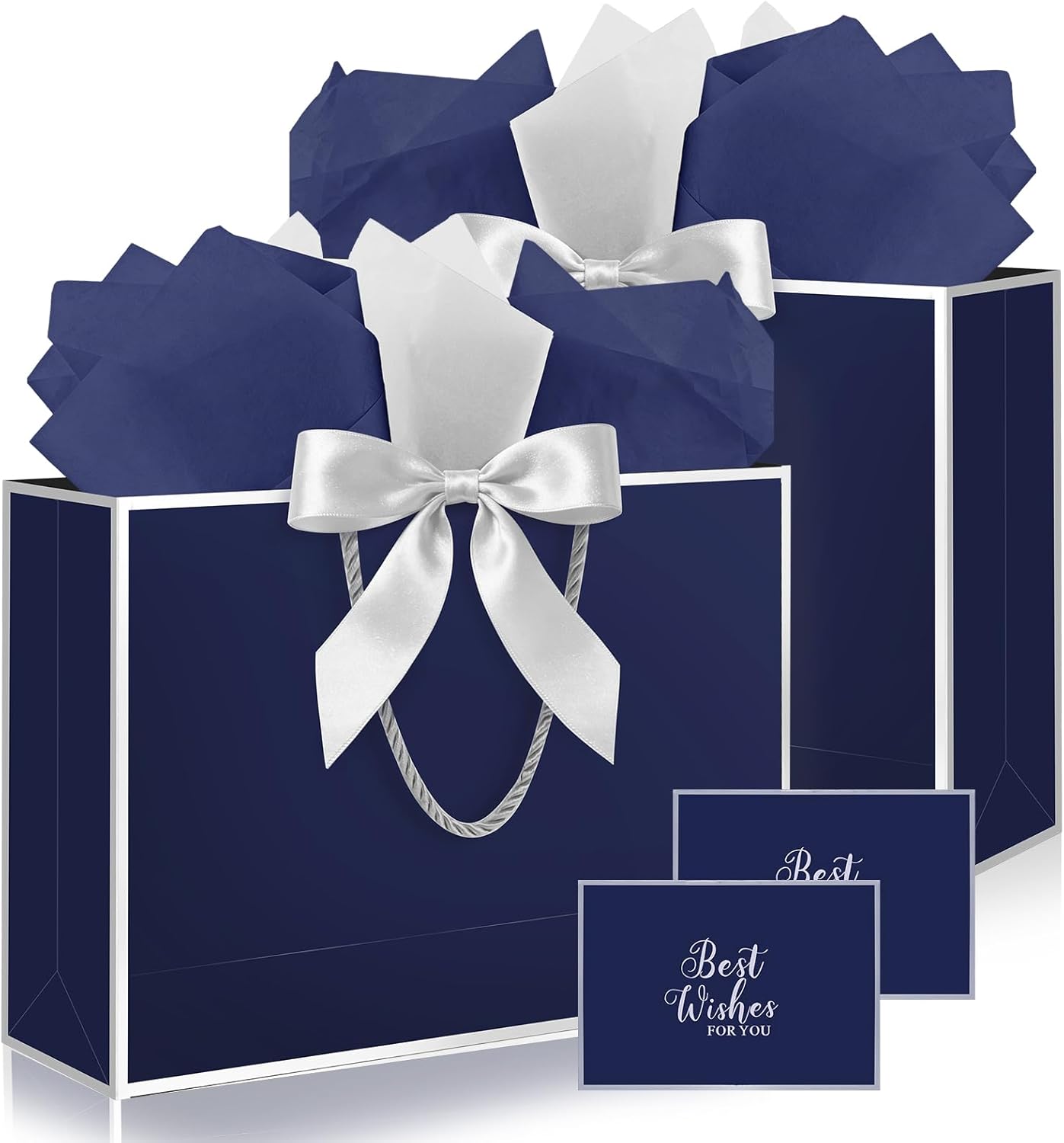 Ethhqu Fancy Large Gift Bags with Handles, 2 Pack 12.6x10x4 Inches - Includes Tissue Paper & Cards for Birthday, Valentine's Day, Baby Shower, Wedding, Anniversary & Holiday Gifts (Blue and Silver)