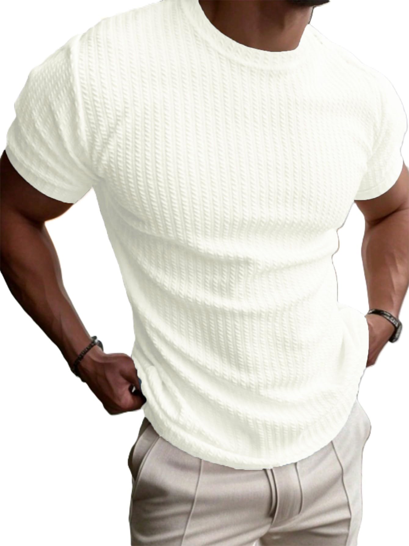 Tokyo Talkies Mens Fashion Oversized Heavy Jacquard Cotton T Shirts Crewneck Solid T-Shirt Unisex Casual Plain Shirts Streetwear Basic Tee Tops in neutral
