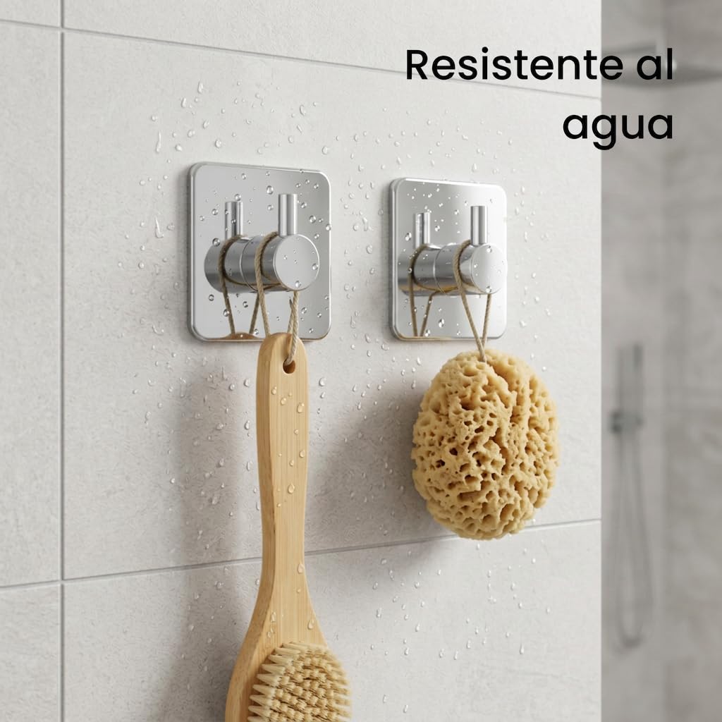 edihome, Ganchos Adhesivos para Pared, de Acero Inoxidable, Colgadores Resistentes sin Taladro, Diseño Cuadrado Moderno para Baño Cocina, Negro Blanco Gris (4, Plata) — view 5