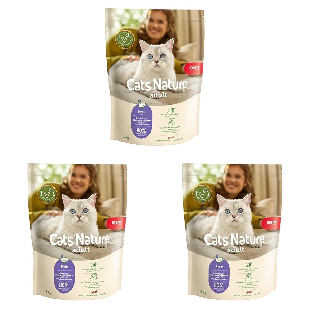 MERA Cats Nature Ente Premium Katzenfutter Trocken 2kg | Getreidefrei & zuckerfrei | Adult Katzen Trockenfutter hoher Fleischanteil | Dry Cat Food (Packung mit 3)