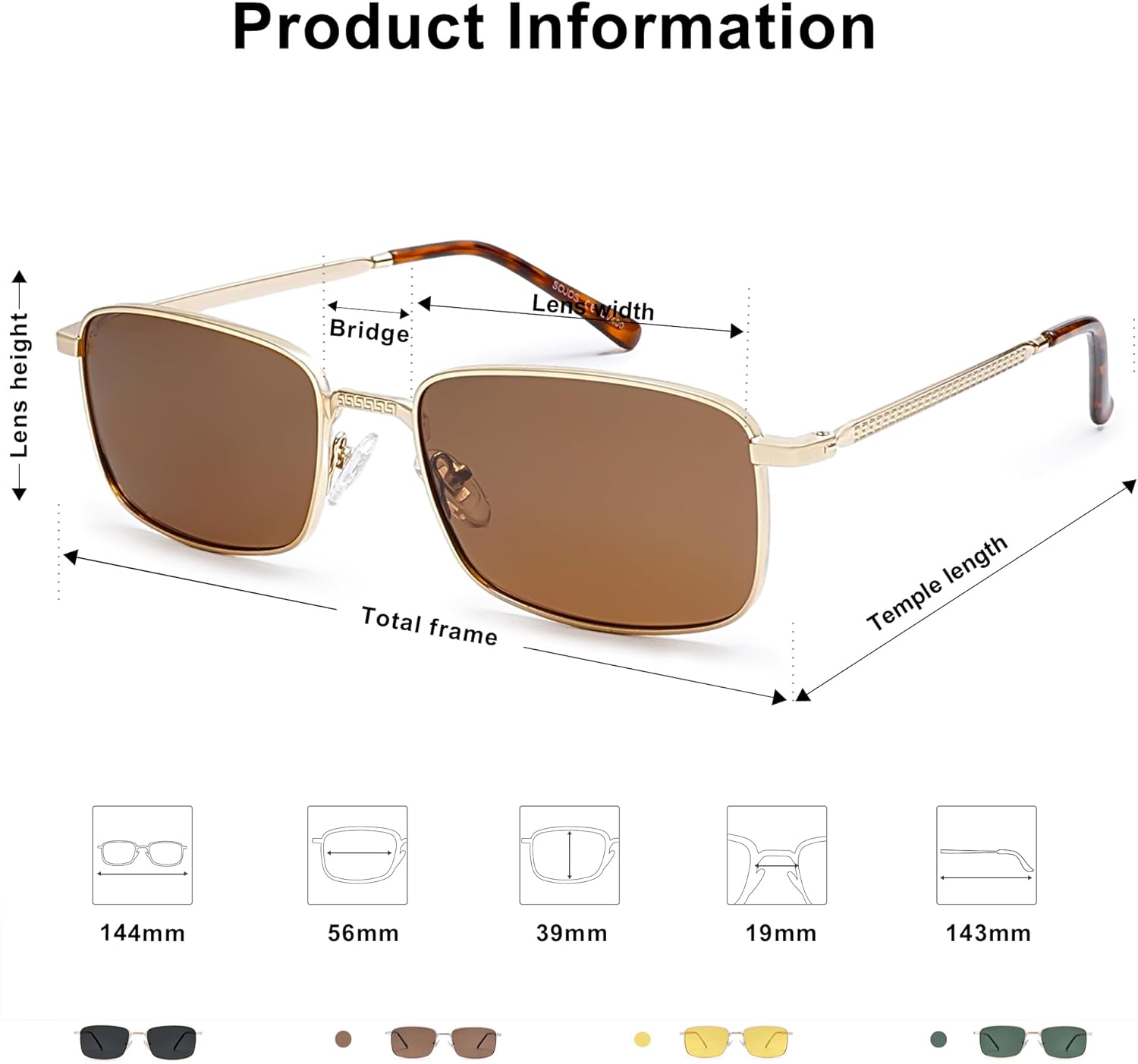 SOJOS Retro Vintage Rectangle Polarized Sunglasses Mens Womens Classic UV400 Metal Sunnies SJ1215 - Image 4
