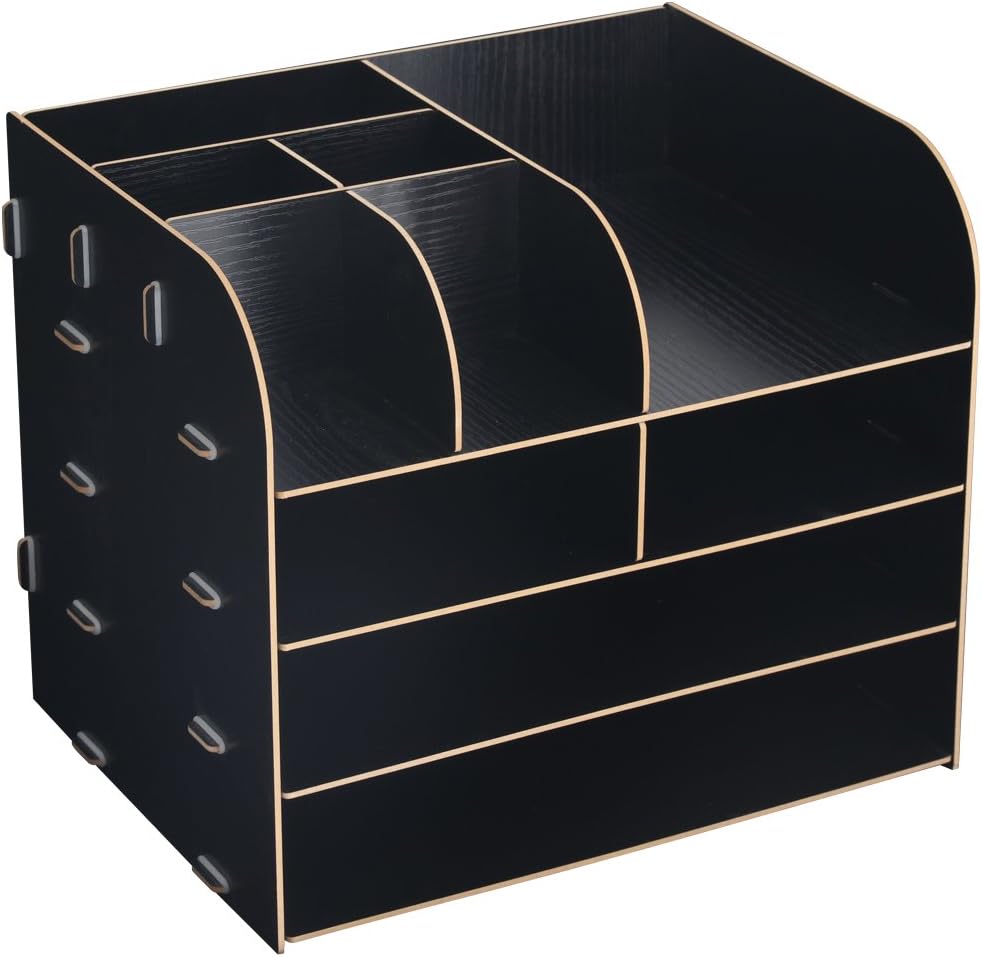 HomJoy Wooden Desktop Organiser, DIY Home Office Supplies Storage Cabinet with 2 A4 File Holder Sections and 8 Compartments (4 Tiers) (Black)